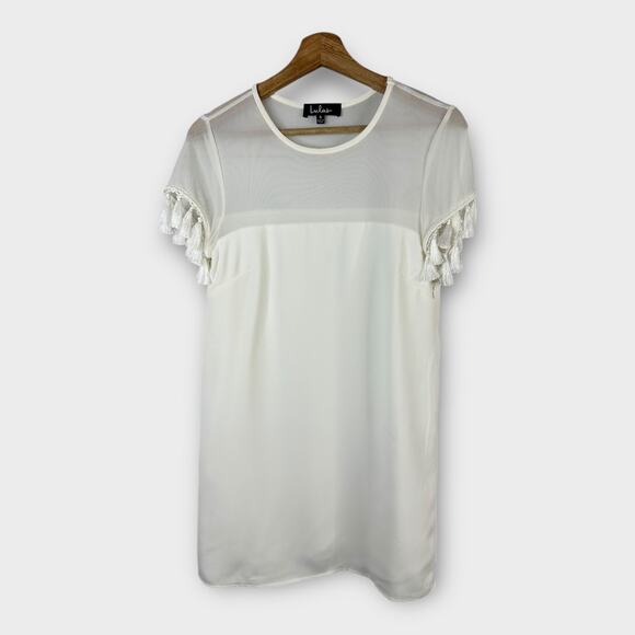 Lulus Womens size Small Iced Latte White Shift Dress Tassel Sheer Mesh ad02358 - Picture 3 of 12